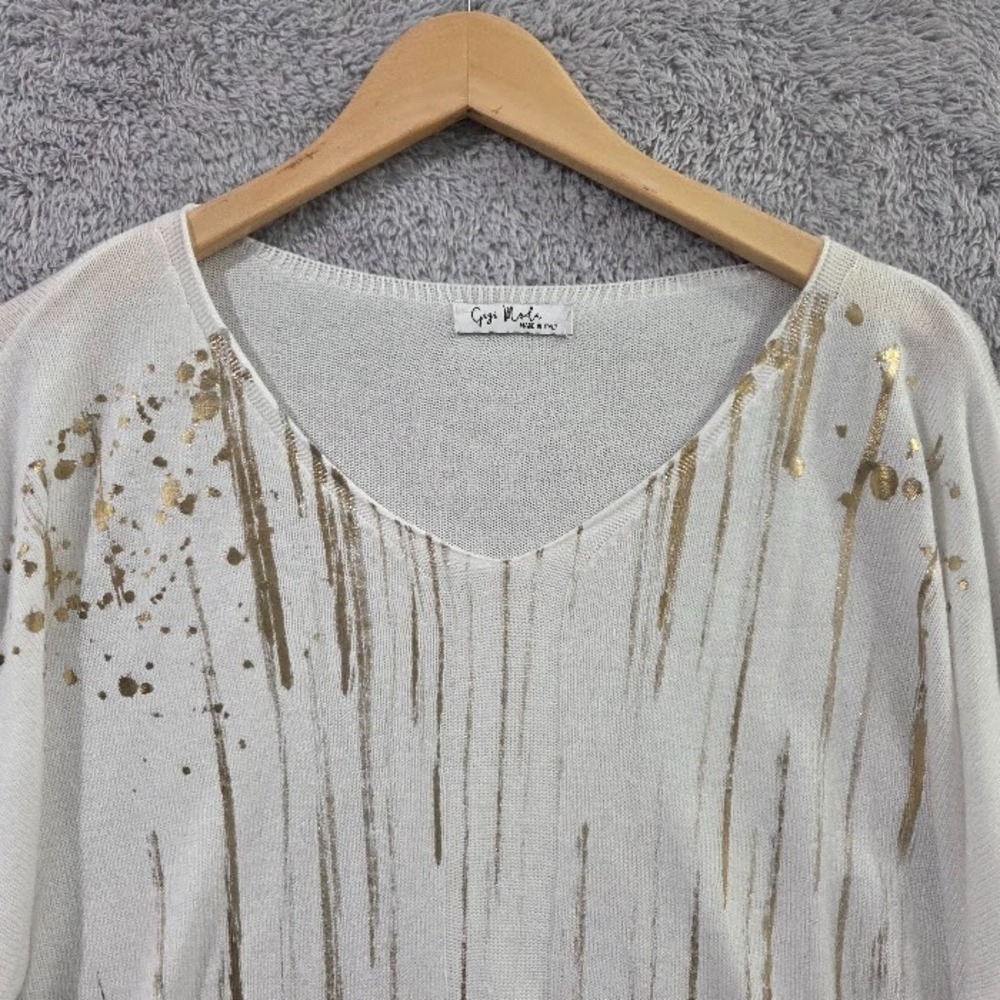 Gigi Moda Oversized Sweater Large White Gold Metallic Paint Drip Boxy Soft Italy - Picture 2 of 9